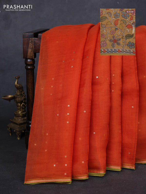 Orange & Mustard Yellow Pure Organza Silk - Penkalamkari Blouse