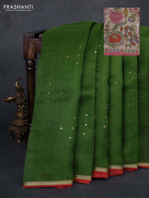Green & Beige Pure Organza Silk - Penkalamkari Blouse