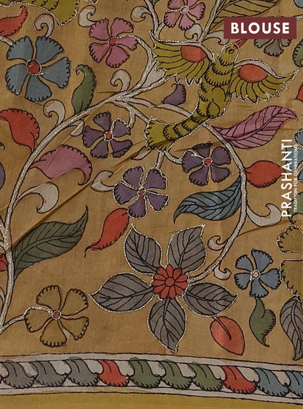 Peacock Blue & Mustard Yellow Pure Organza Silk - Penkalamkari Blouse