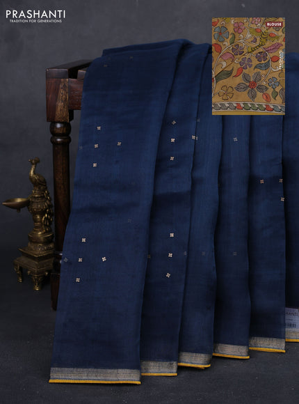 Peacock Blue & Mustard Yellow Pure Organza Silk - Penkalamkari Blouse