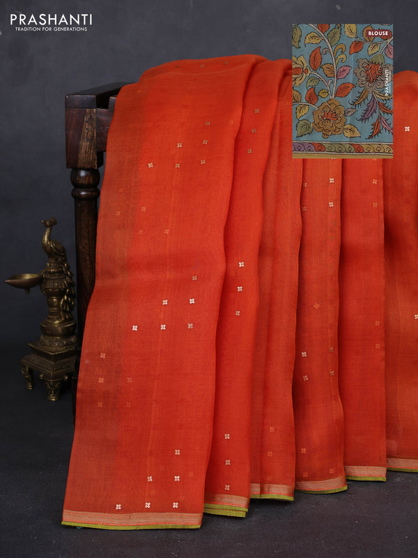 Orange & Aque Blue Pure Organza Silk - Penkalamkari Blouse