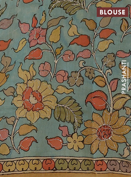 Yellow & Aqua Blue Pure Organza Silk - Penkalamkari Blouse
