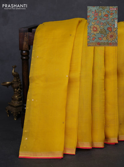 Yellow & Aqua Blue Pure Organza Silk - Penkalamkari Blouse