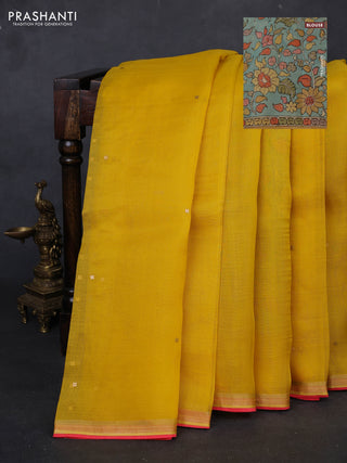 Yellow & Aqua Blue Pure Organza Silk - Penkalamkari Blouse