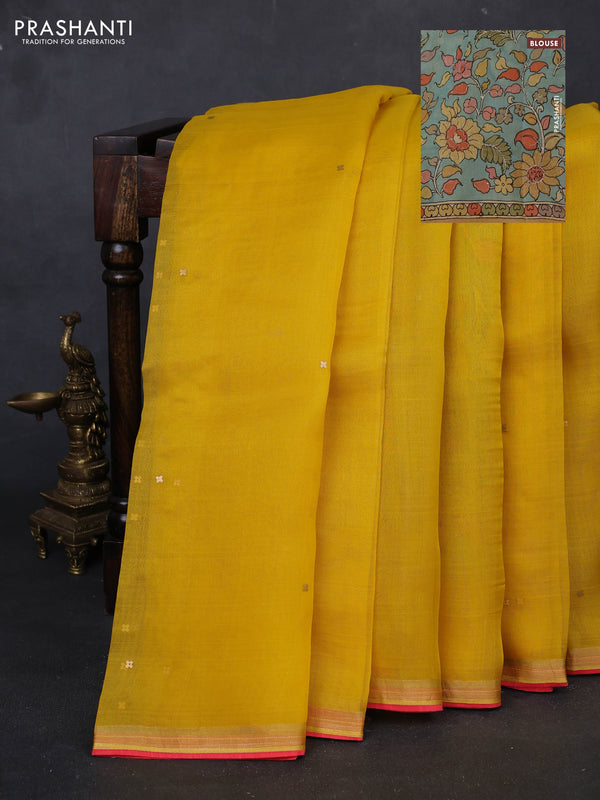 Yellow & Aqua Blue Pure Organza Silk - Penkalamkari Blouse