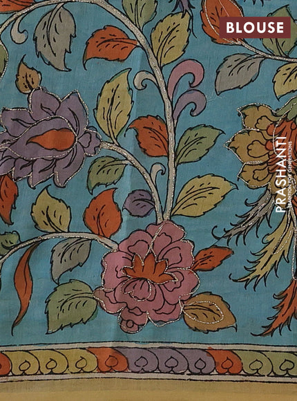 Lime Green & Aqua Blue Pure Organza Silk - Penkalamkari Blouse