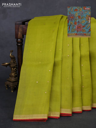 Lime Green & Aqua Blue Pure Organza Silk - Penkalamkari Blouse