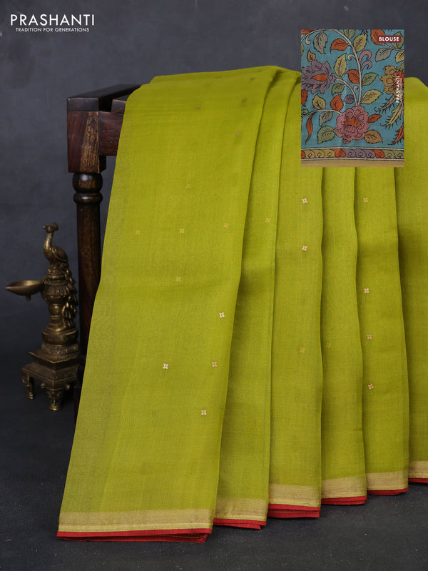Lime Green & Aqua Blue Pure Organza Silk - Penkalamkari Blouse