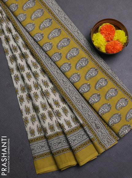 Off White & Mustard Green Jaipur Cotton Saree