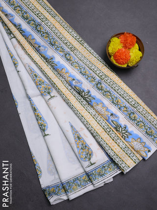 Off White & Aque Blue Jaipur Cotton Saree