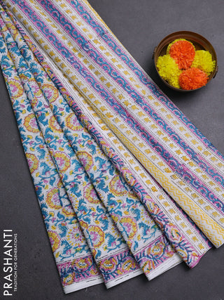 Off White & Teal Blue Jaipur Cotton Saree