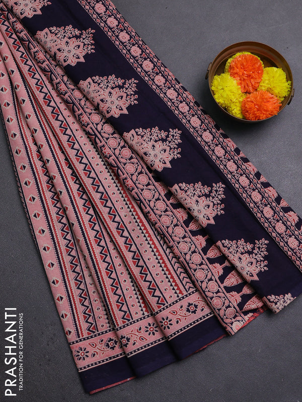 Peach & Navy Blue Jaipur Cotton Saree