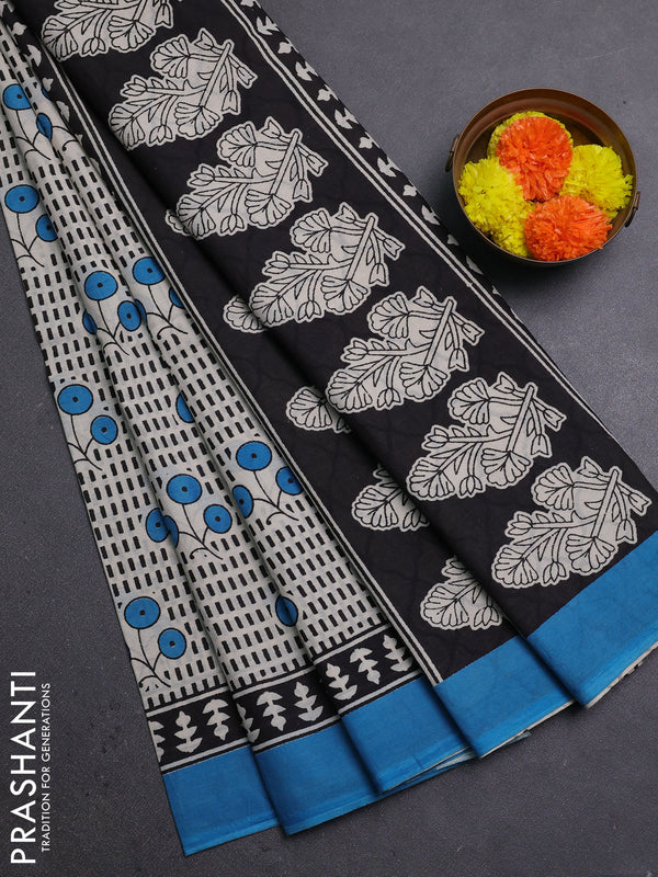 Off White & Blue Jaipur Cotton Saree
