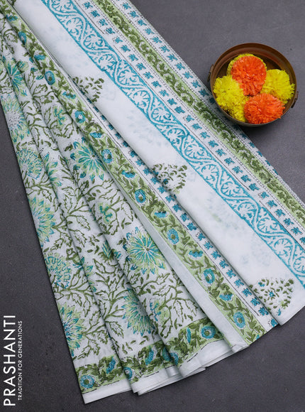 Off White & Green Jaipur Cotton Saree
