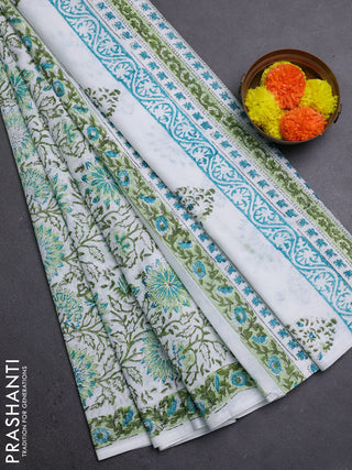 Off White & Green Jaipur Cotton Saree