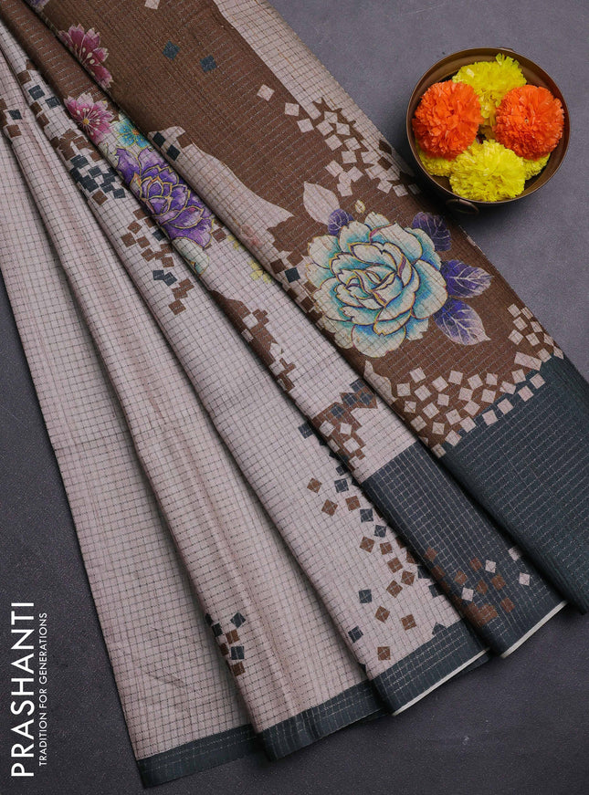Beige & Bottle Green Chappa Saree