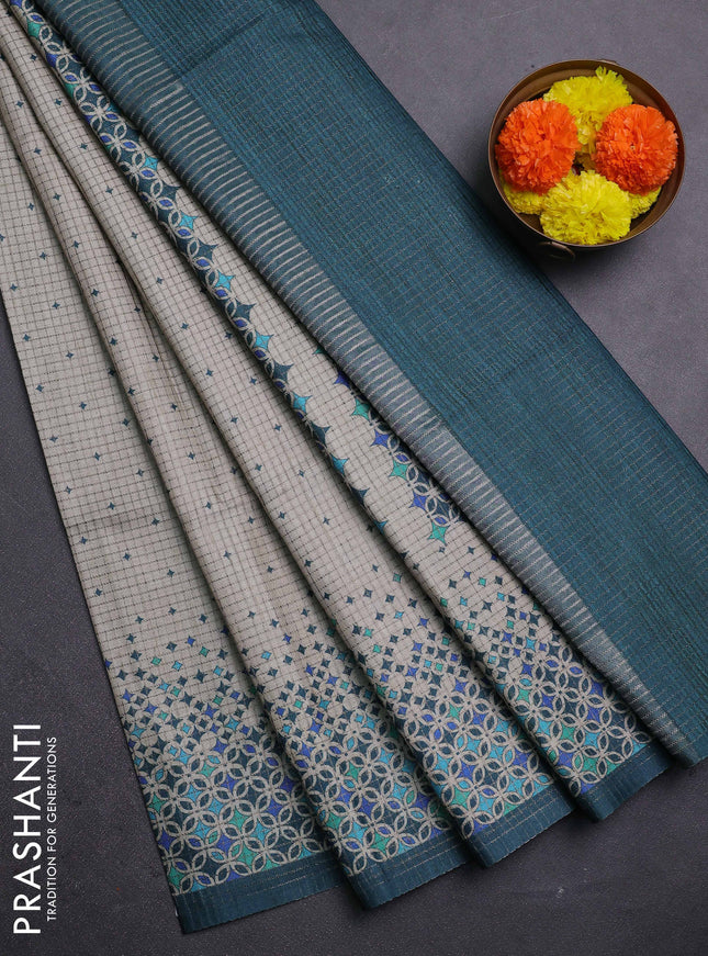 Beige & Peacock Green Chappa Saree