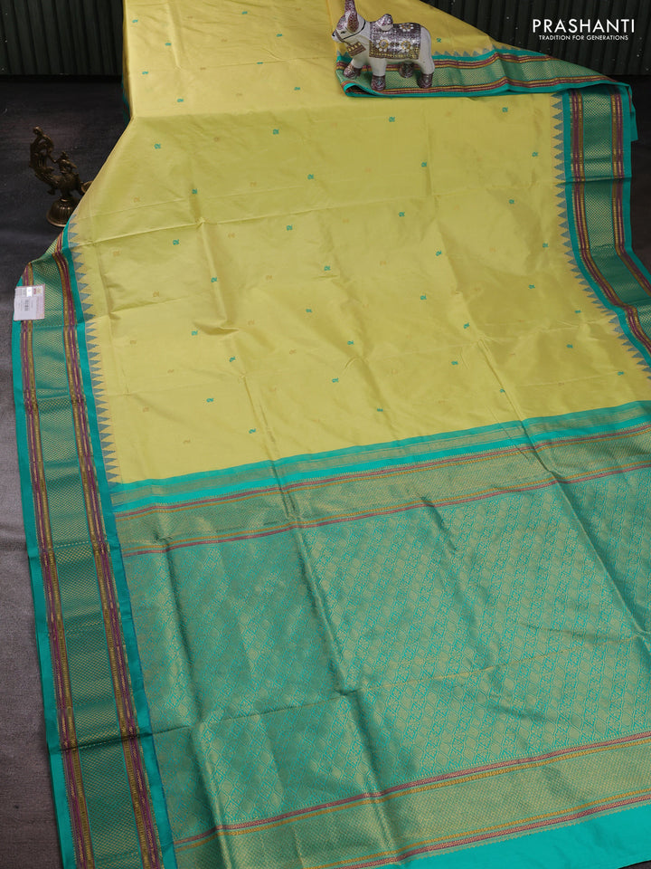 Lime Yellow & Teal Green Narayanpet Silk Saree