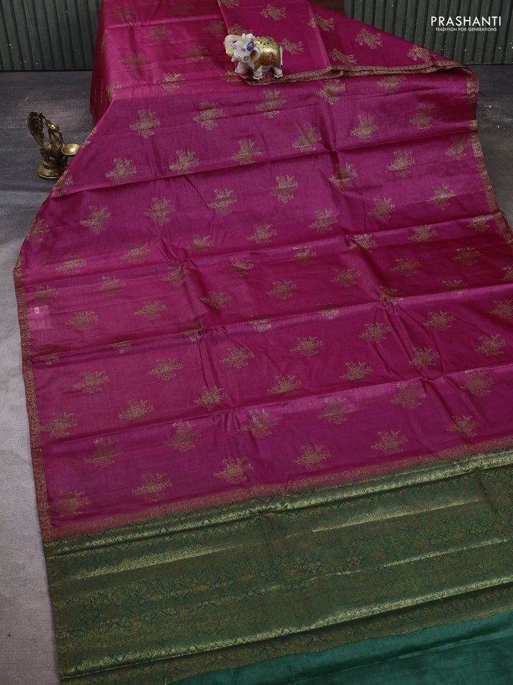 Magenta Pink & Green Banarasi Tussar Silk Saree