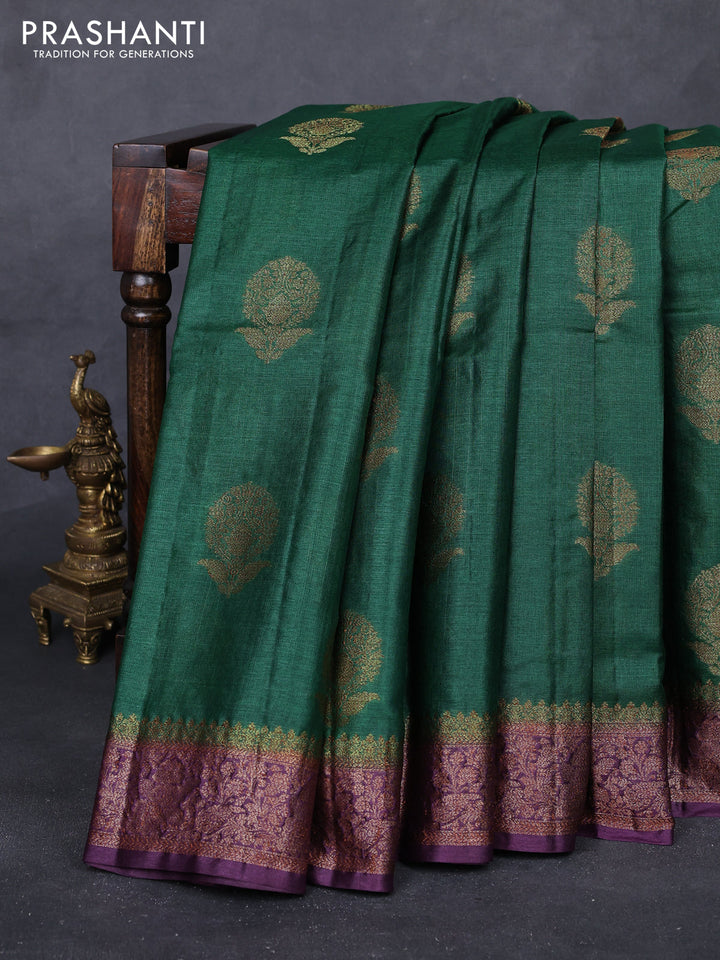 Bottle Green & Purple Banarasi Tussar Silk Saree