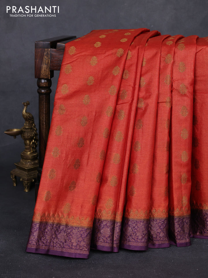 Rustic Orange & Purple Banarasi Tussar Silk Saree