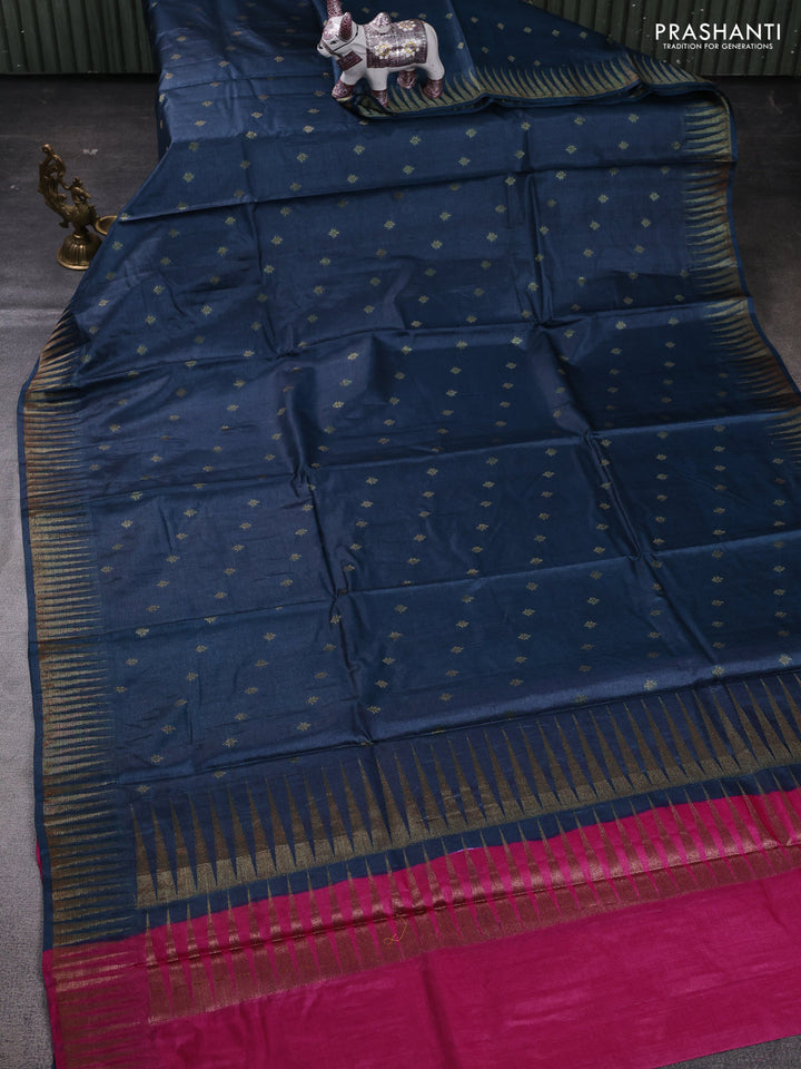Peacock Blue & Pink Banarasi Tussar Silk Saree
