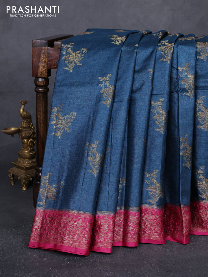Peacock Blue & Magenta Pink Banarasi Tussar Silk Saree