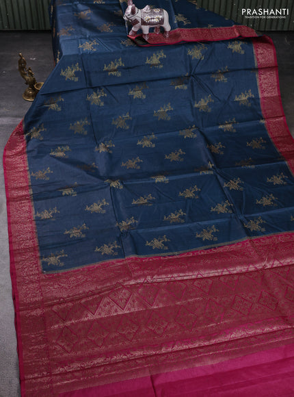 Peacock Blue & Magenta Pink Banarasi Tussar Silk Saree