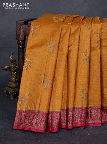 Mustard Yellow & Maroon Banarasi Tussar Silk Saree