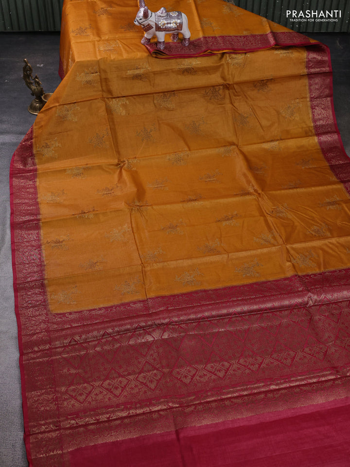 Mustard Yellow & Maroon Banarasi Tussar Silk Saree