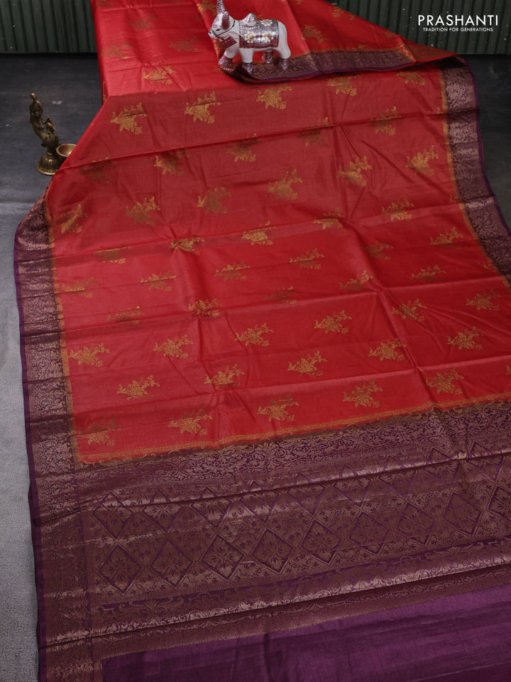 Rustic Orange & Purple Banarasi Tussar Silk Saree