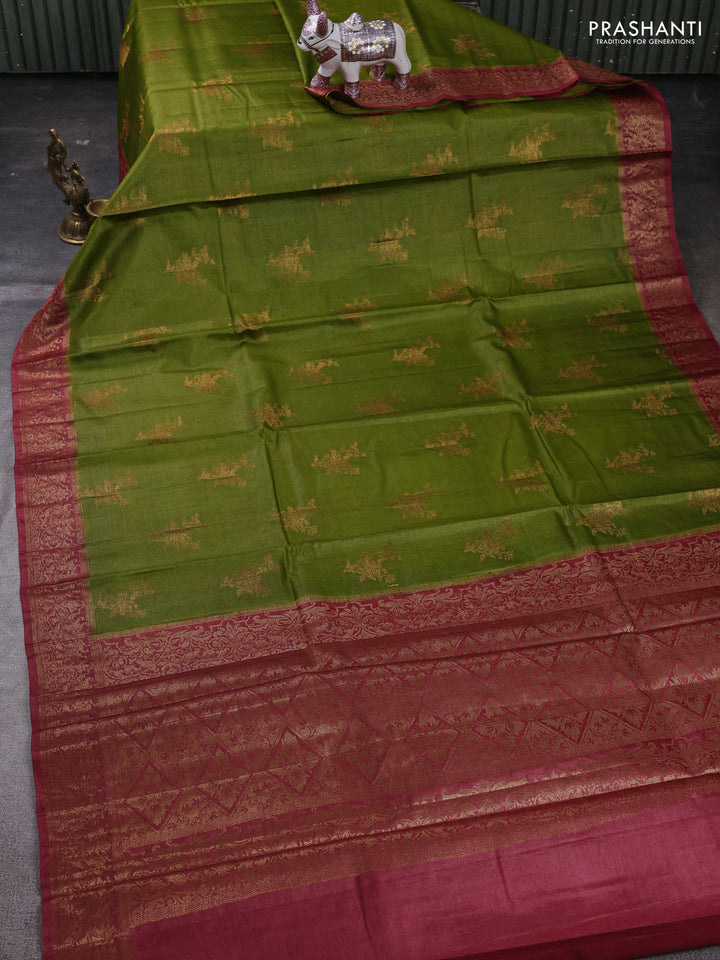 Mehendi Green & Maroon Banarasi Tussar Silk Saree