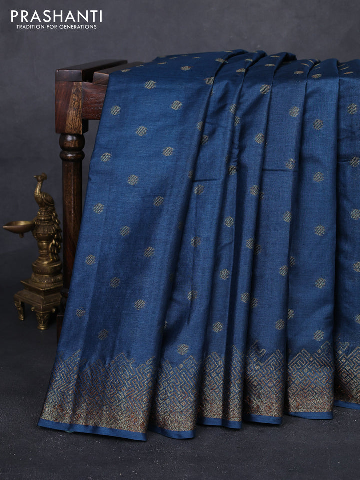 Peacock Blue & Pink Banarasi Tussar Silk Saree