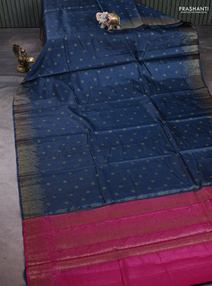 Peacock Blue & Pink Banarasi Tussar Silk Saree