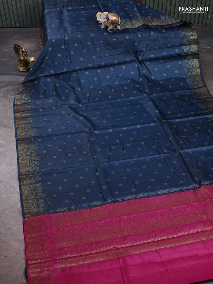 Peacock Blue & Pink Banarasi Tussar Silk Saree