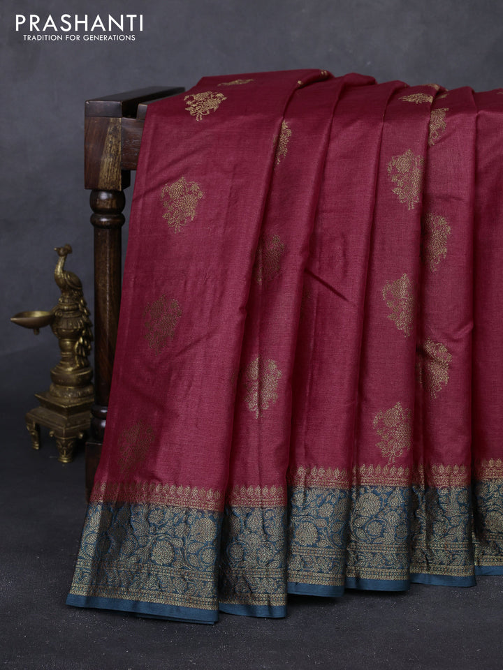Maroon & Peacock Green Banarasi Tussar Silk Saree