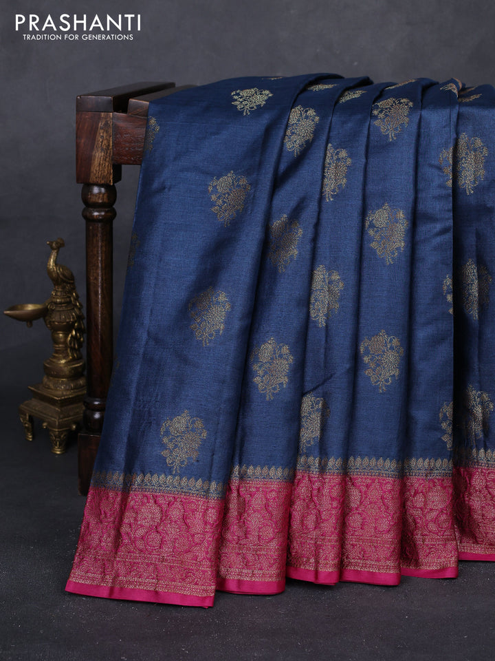 Peacock Blue & Pink Banarasi Tussar Silk Saree
