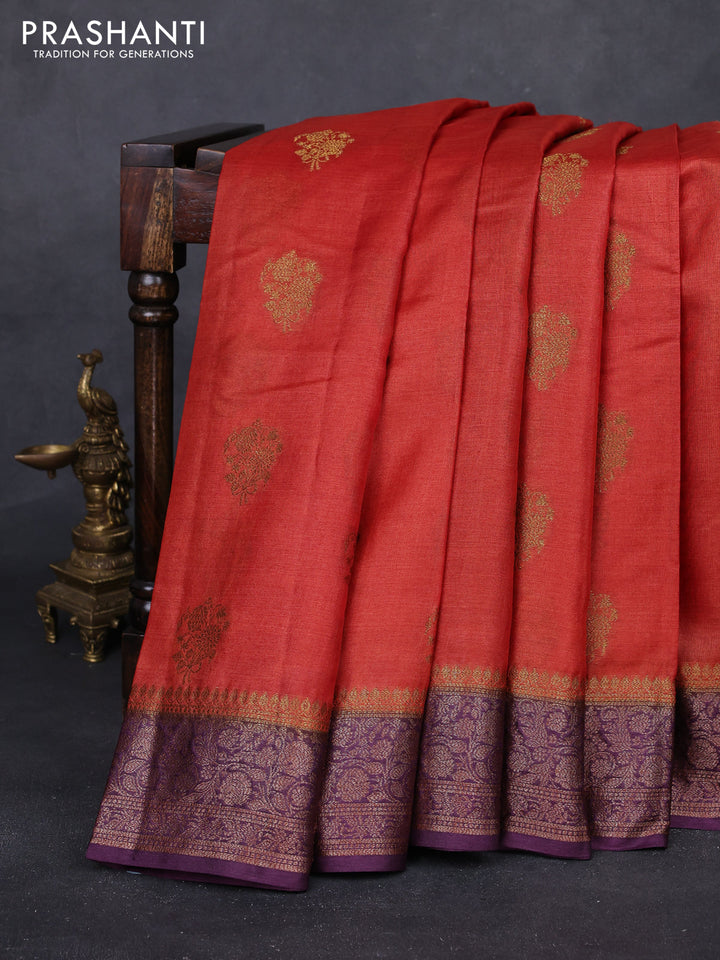 Rustic Orange & Purple Banarasi Tussar Silk Saree