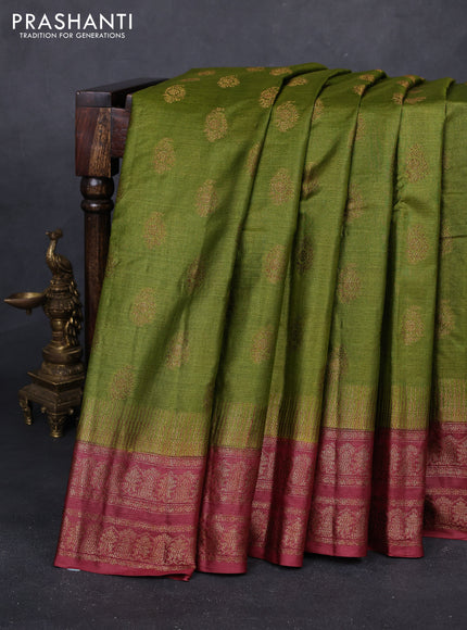 Mehendi Green & Pastel Brown Banarasi Tussar Silk Saree