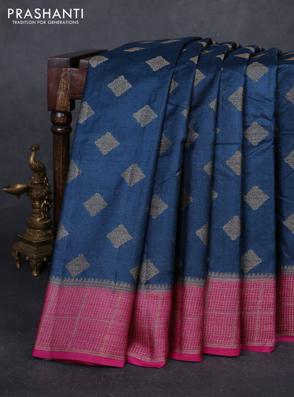 Peacock Blue & Pink Banarasi Tussar Silk Saree