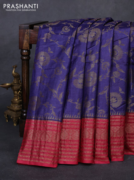 Blue & Red Banarasi Tussar Silk Saree