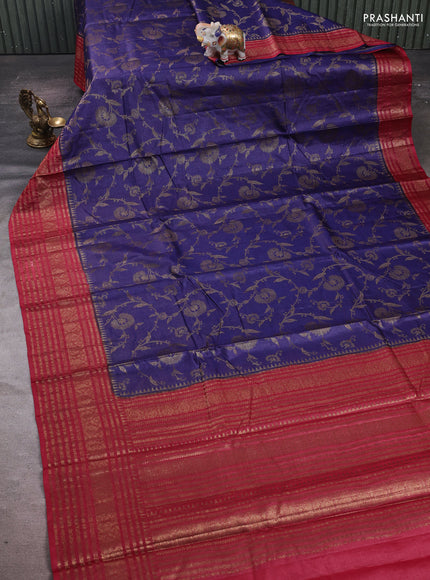 Blue & Red Banarasi Tussar Silk Saree
