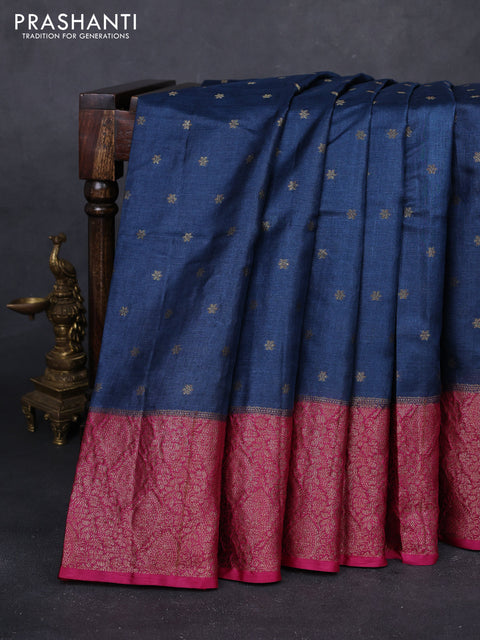 Peacock Blue & Pink Banarasi Tussar Silk Saree