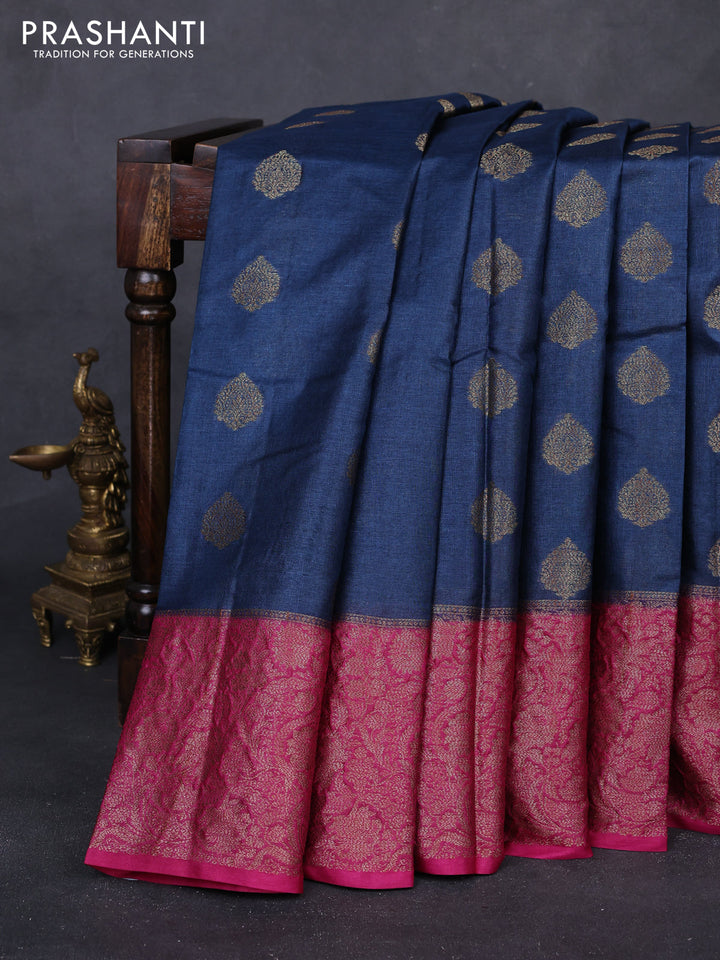 Peacock Blue & Pink Banarasi Tussar Silk Saree