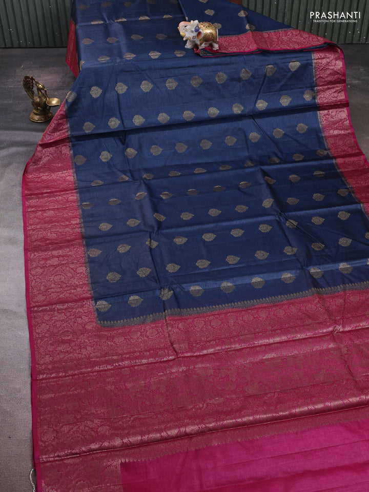 Peacock Blue & Pink Banarasi Tussar Silk Saree