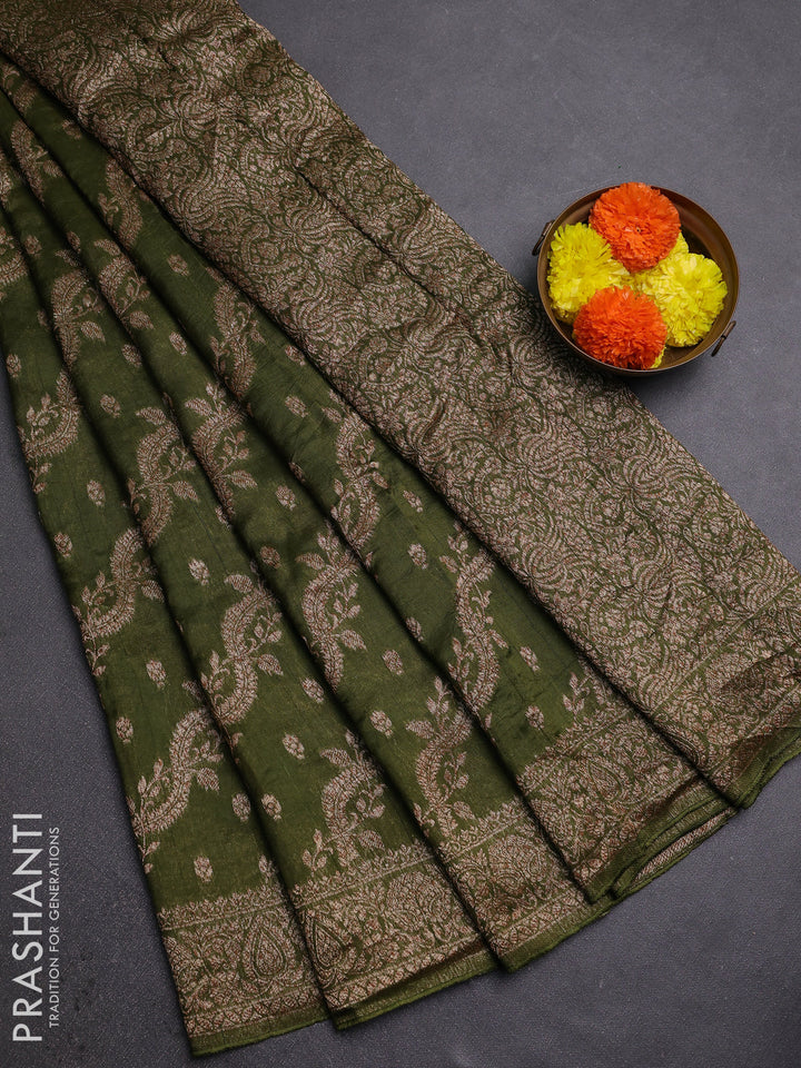 Mehendi Green Banarasi Semi Raw Silk Saree