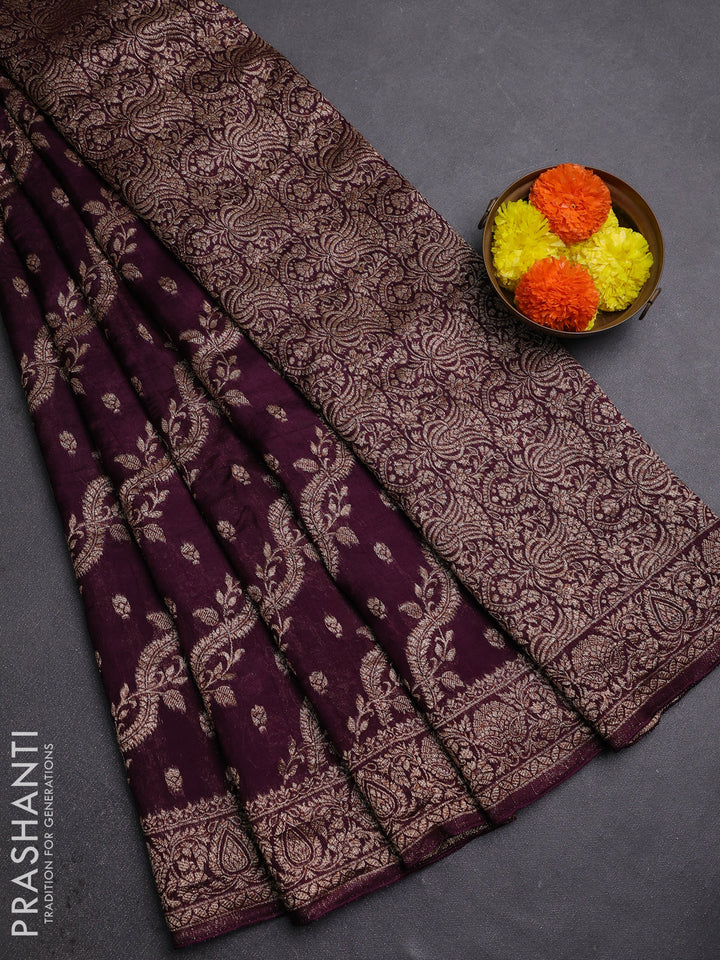 Wine Banarasi Semi Raw Silk Saree