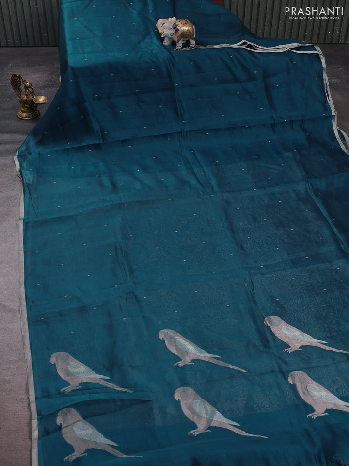 Peacock Blue Pure Organza Silk - Zari Weaving