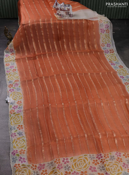 Rust & Beige Pure Organza Silk - Embroidery