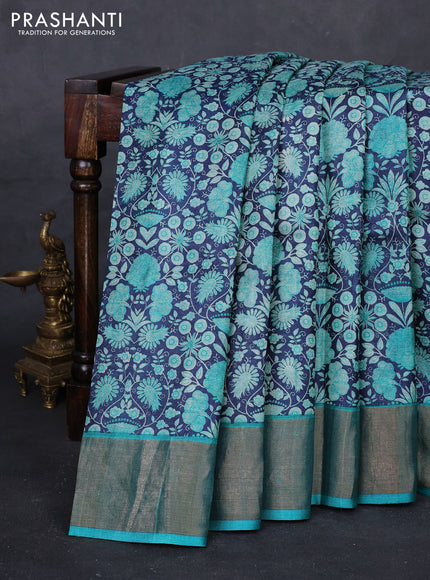 Navy Blue & Teal Green Pure Tussar Saree - Kalamkari Prints